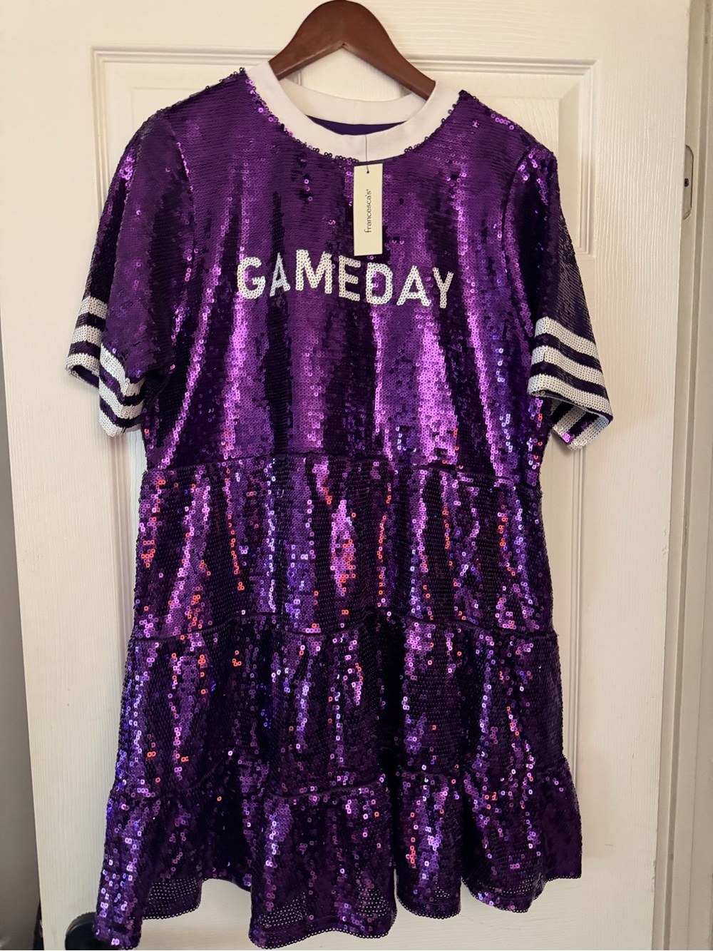 Francesca's Collections Purple Sequin 'GAMEDAY' Short Sleeve Dress